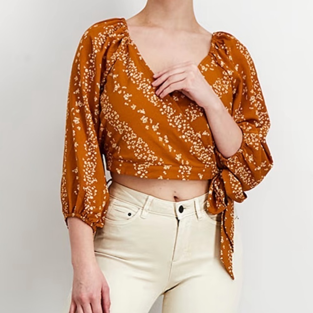 BCBG Paris Orange V-Neck Long Sleeves Floral Print Blouse Size Small